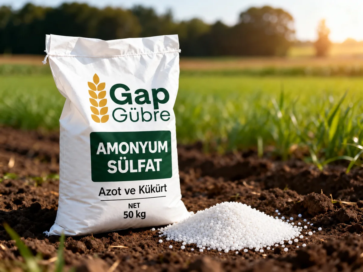 Yeşil tarlanın önünde NET 50 kg ibareli GAP Gübre Amonyum Sülfat ambalajı ve açık renkli gübre taneleri